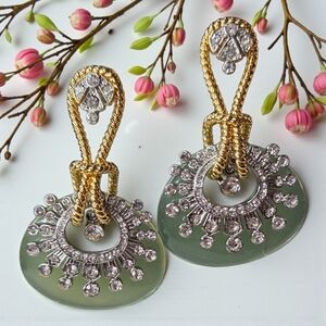 18k Gold Plated Twisted Rope Jade Lucite Zircon Crystal Statement Earrings